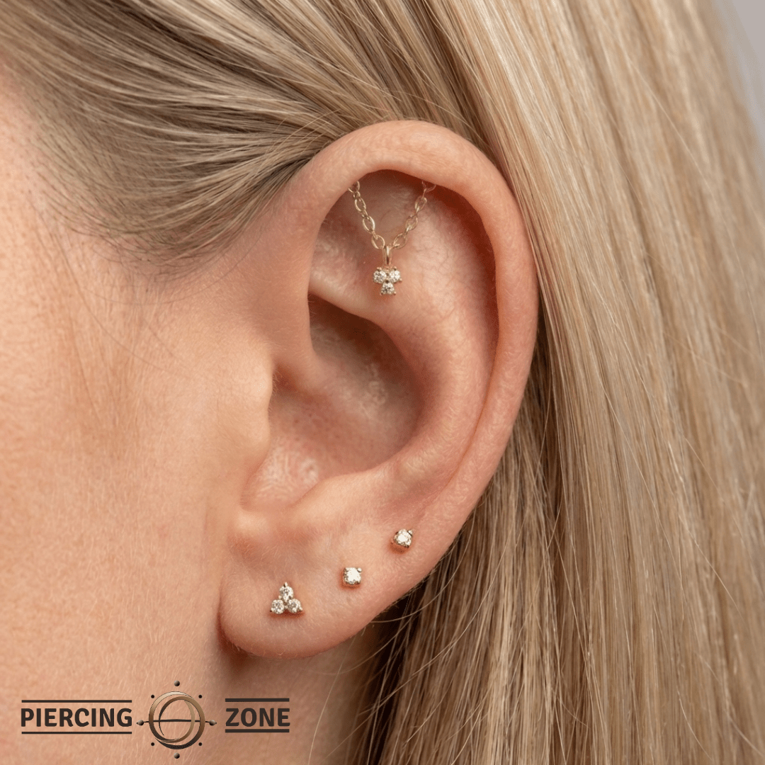 Rolo Bar with 3 - Stone Cluster - 14K Gold Threadless/Threaded - piercing - zone.com