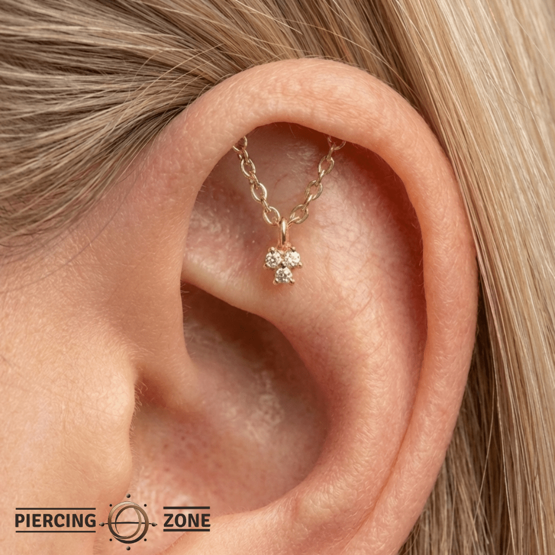 Rolo Bar with 3 - Stone Cluster - 14K Gold Threadless/Threaded - piercing - zone.com