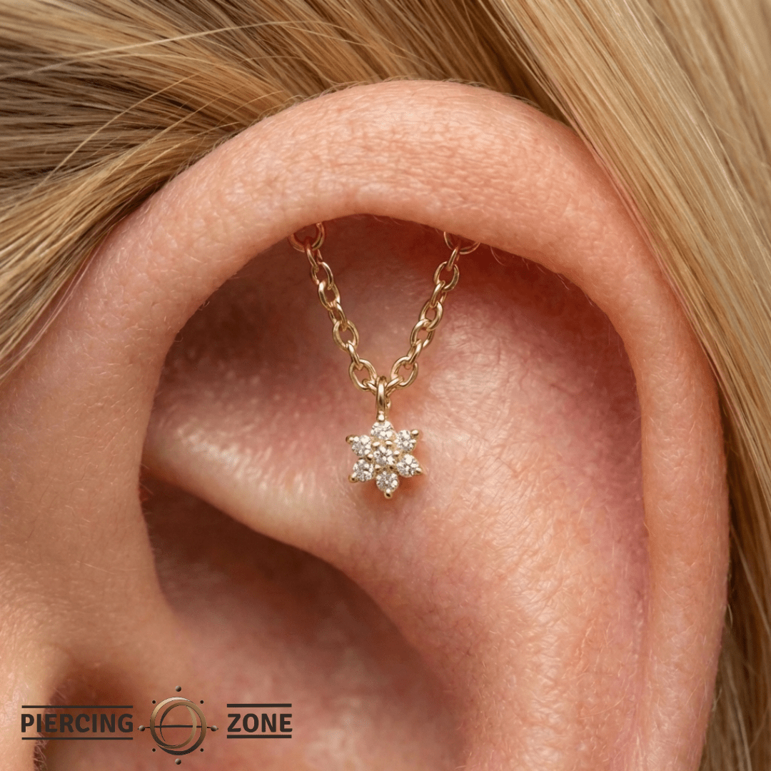Rolo Bar with 7 - Stone Flower - 14K Gold Threadless/Threaded - piercing - zone.com
