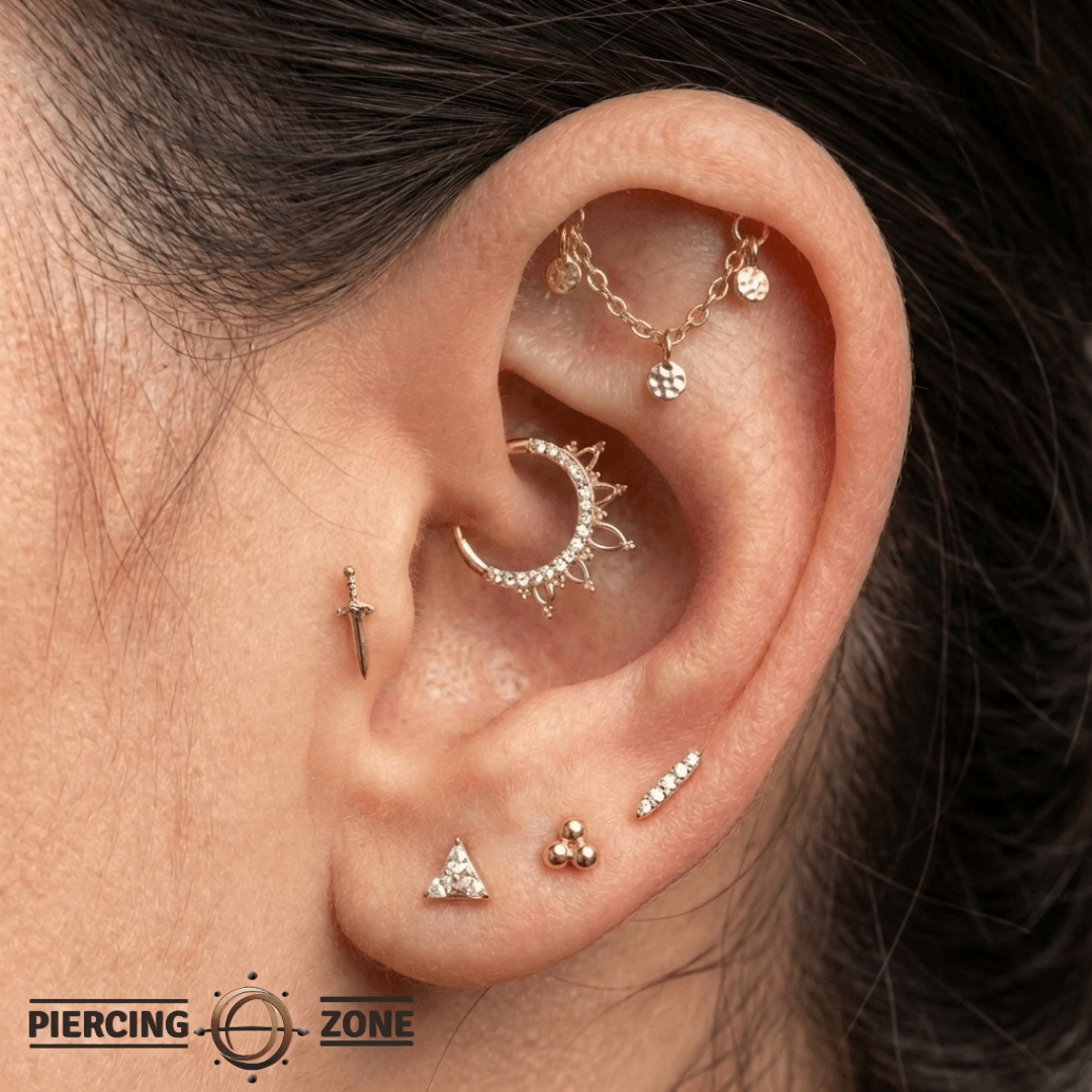 Rolo Bar with Triple Hammered Discs - 14K Gold Threadless/Threaded - piercing - zone.com