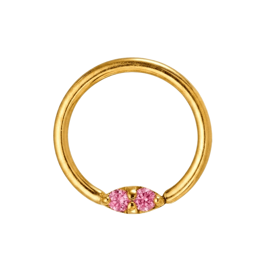 Rosy Trio - 14K Gold Pink Gem Fixed Bead Ring - piercing - zone.com