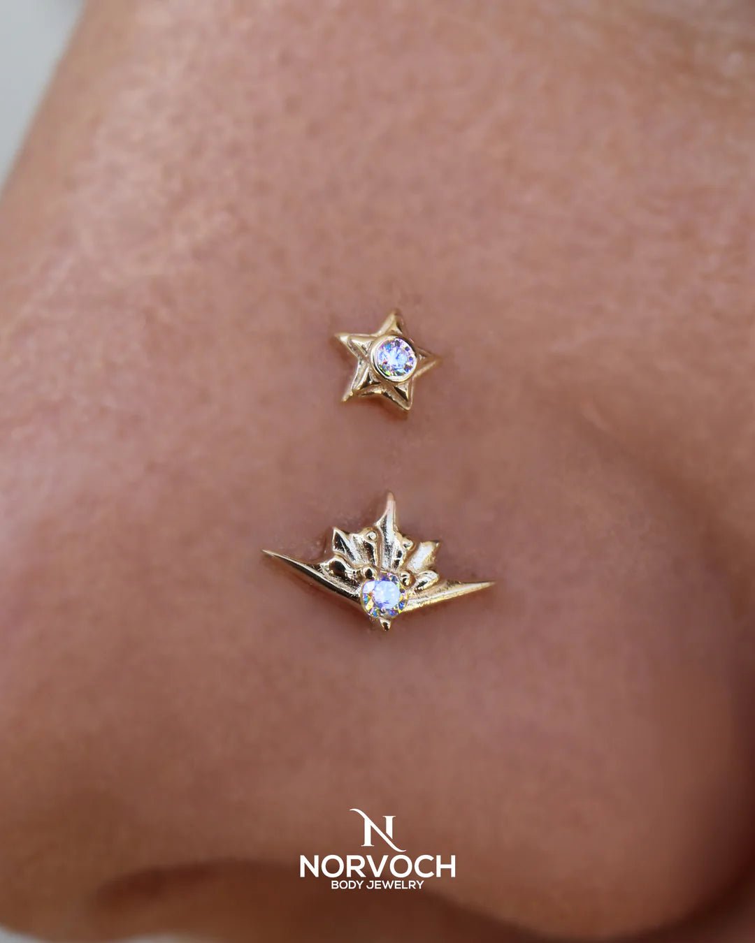 Rounded Star with Gem – 14K Gold Threadless End - piercing - zone.com