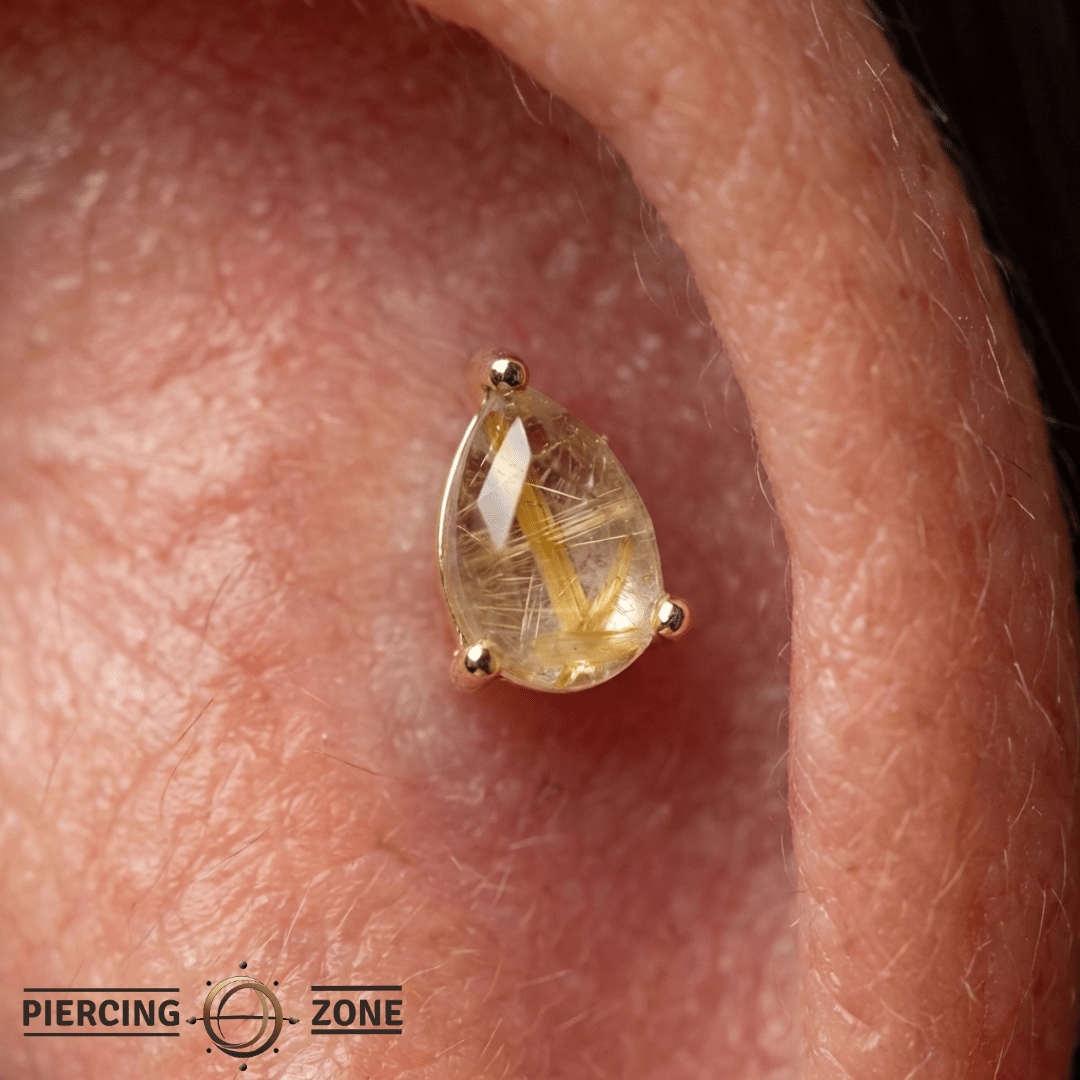 Rutilated Quartz Pear – 14K Gold Threadless End - piercing - zone.com