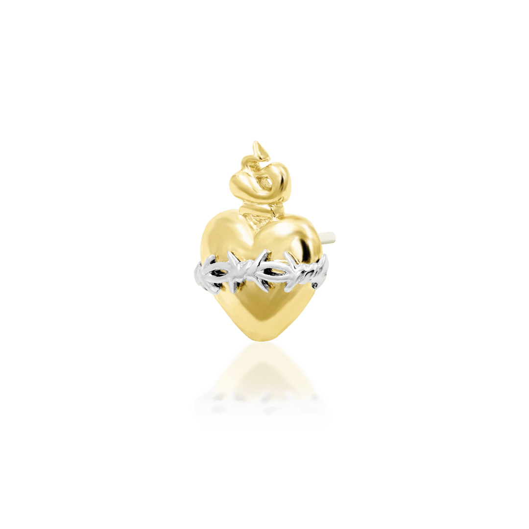 Sacred Heart – Barbed Flame Heart – 14K Gold Threadless End - piercing - zone.com