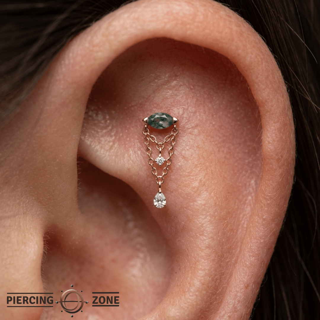 Saint Vincent Moss Agate Drop – 14K Gold Threadless End - piercing - zone.com