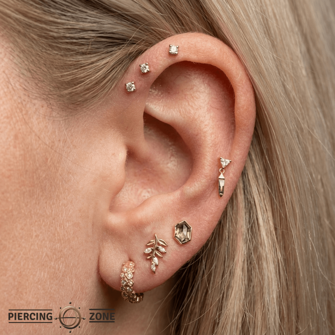 Savvy – Moss Agate & Triangle CZ – 14K Gold Threadless End - piercing - zone.com