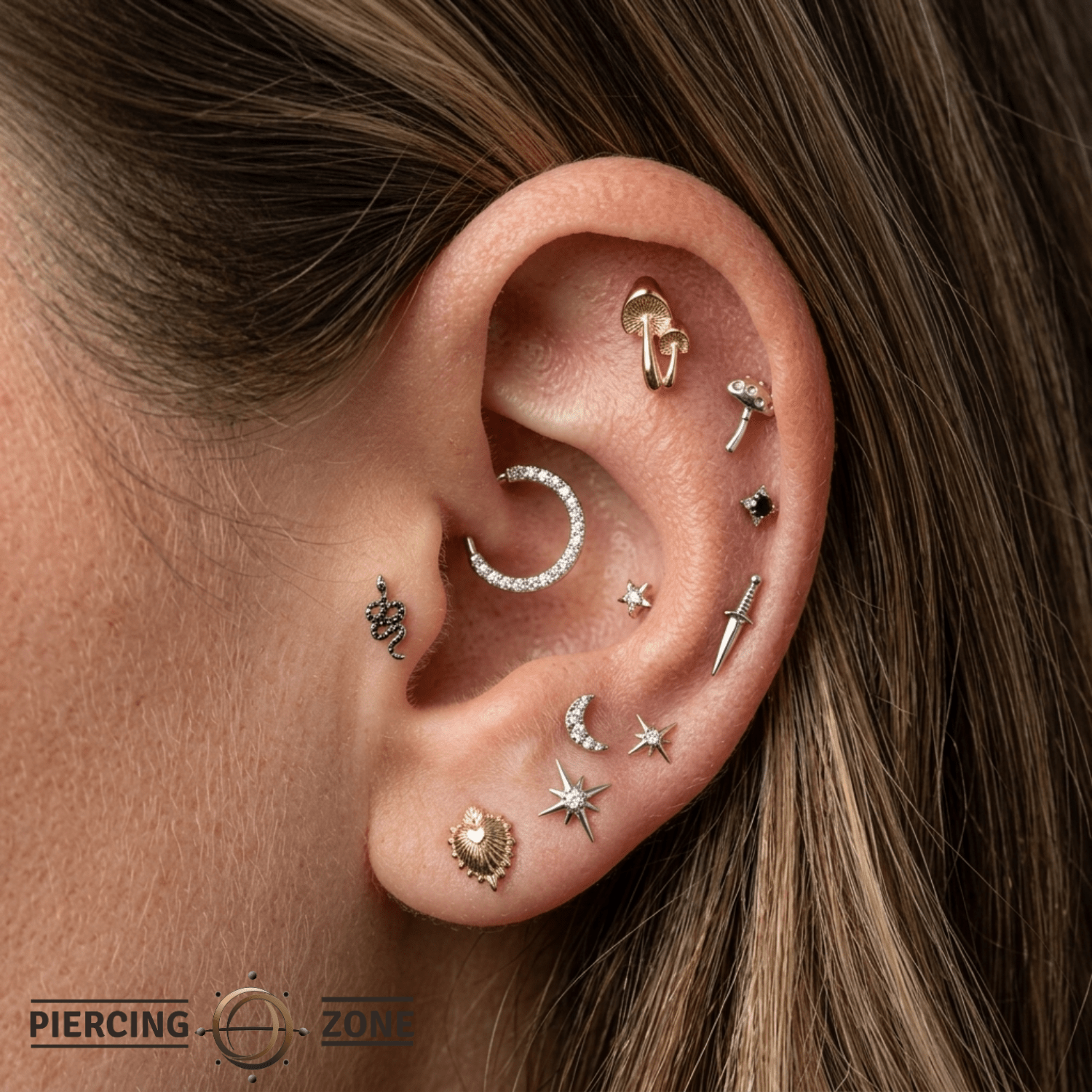 Shrooms Pin - 14K Gold Mushroom Threadless End - piercing - zone.com