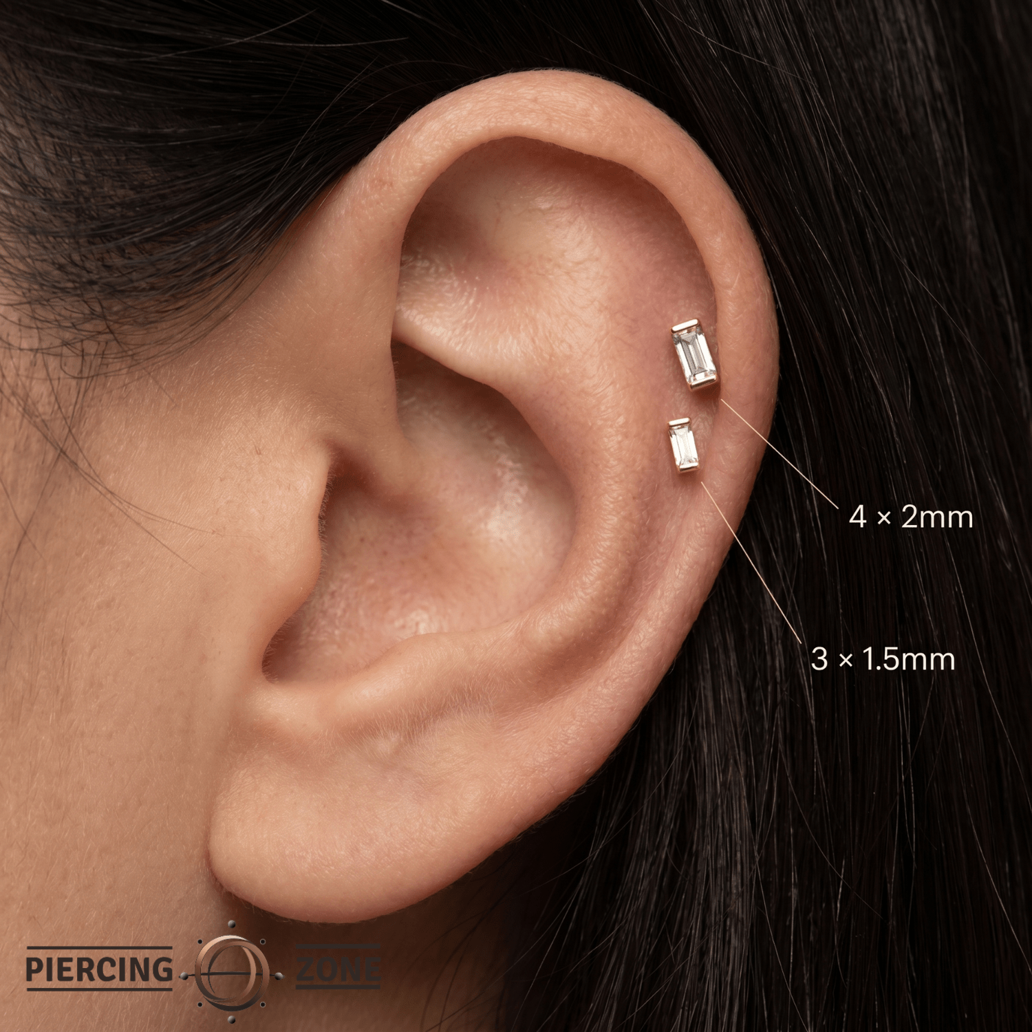 Single Baguette – 14K Gold Threadless/Threaded End - piercing - zone.com