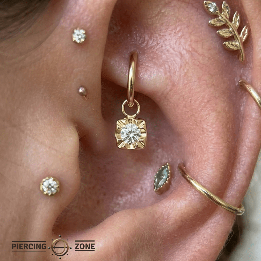 Square Prong with Gem – 14K & 18K Gold Gemstone Charm - piercing - zone.com