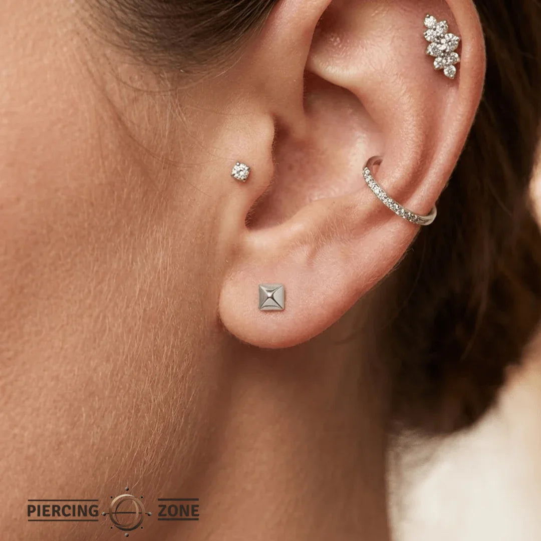 Square Pyramid – Geometric Gold Stud – 14K Gold Threadless or Threaded End - piercing - zone.com
