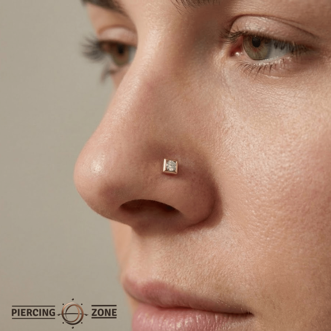 Square with Gem – 14K Gold Threadless/Threaded End - piercing - zone.com