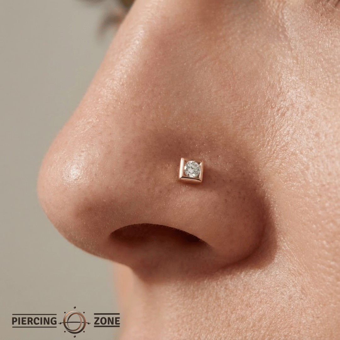 Square with Gem – 14K Gold Threadless/Threaded End - piercing - zone.com