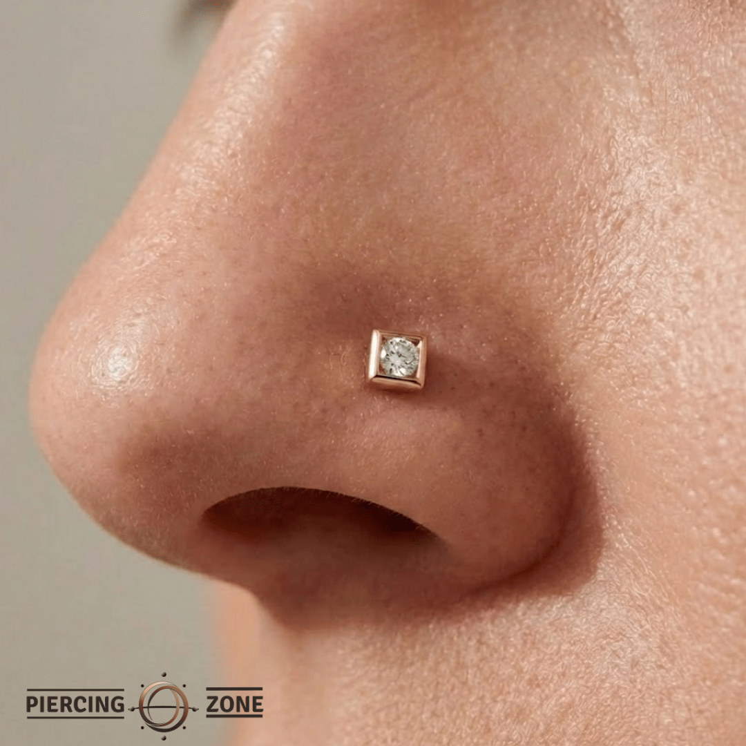Square with Gem – 14K Gold Threadless/Threaded End - piercing - zone.com