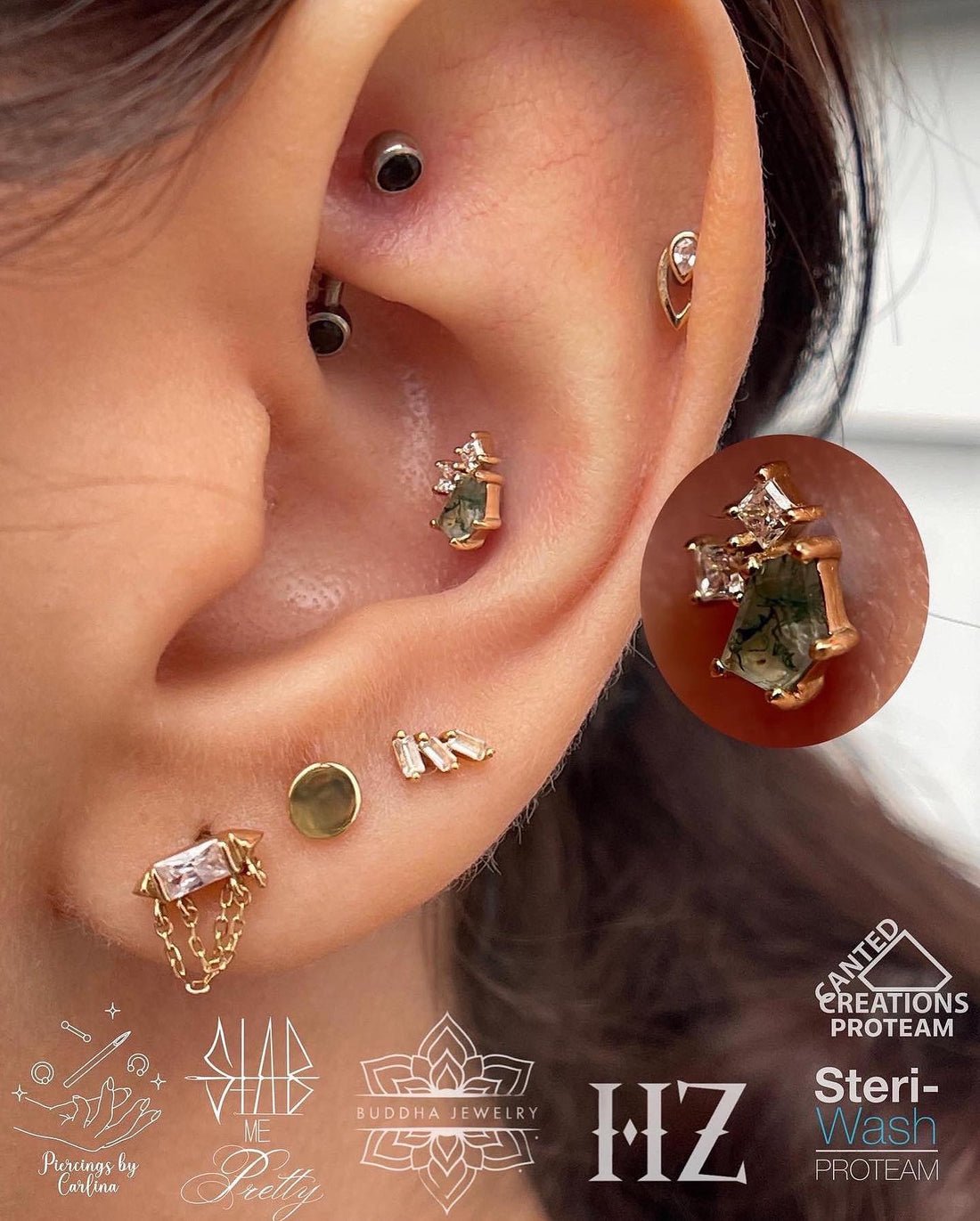 Lyra – Moss Agate + CZ – 14K Gold Threadless End
