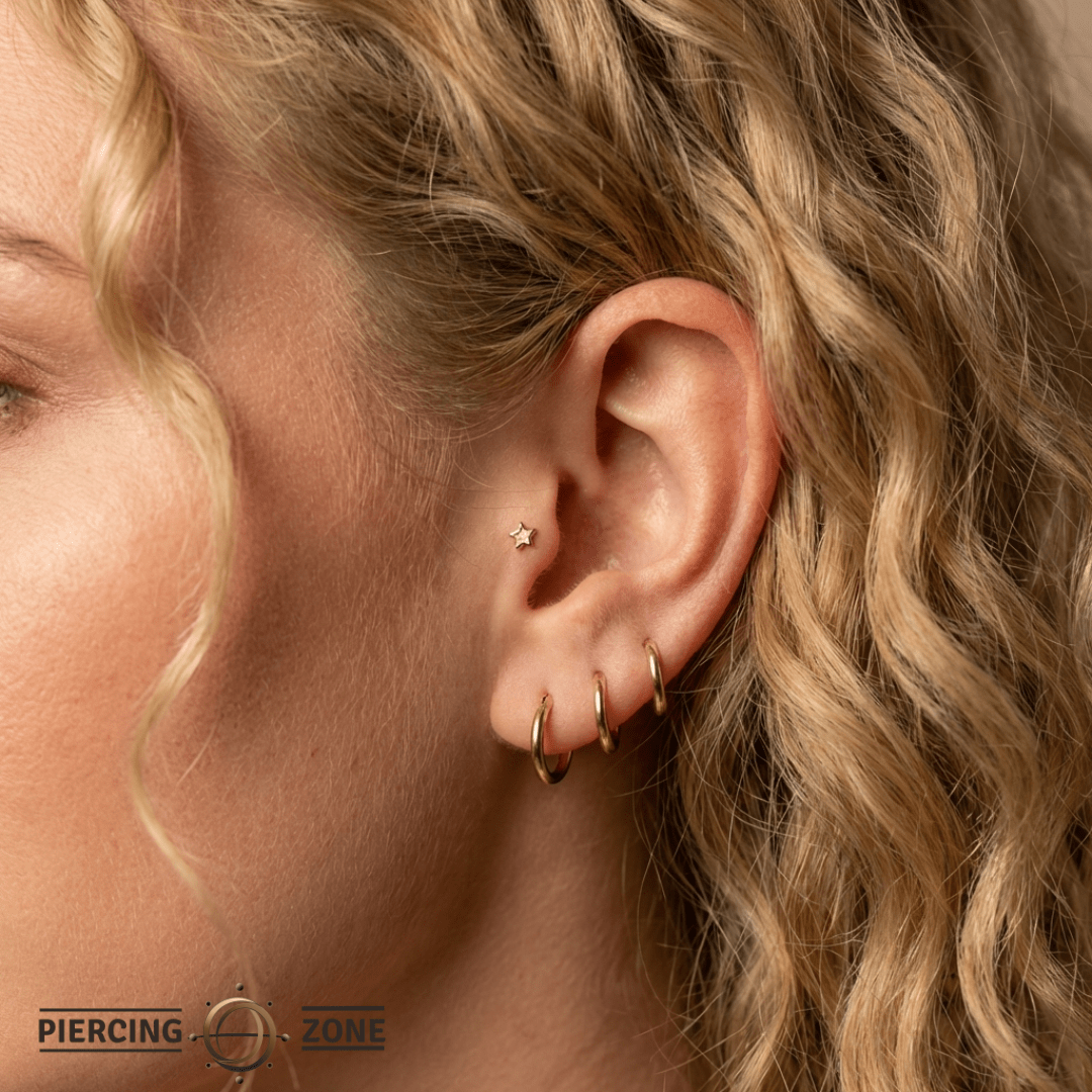 Starstruck – Etched Star Accent – 14K Gold Threadless End - piercing - zone.com