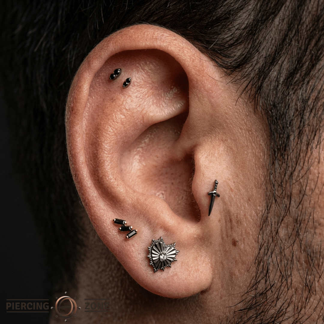 Staxx – Black Spinel Cascade – 14K Gold Threadless End - piercing - zone.com
