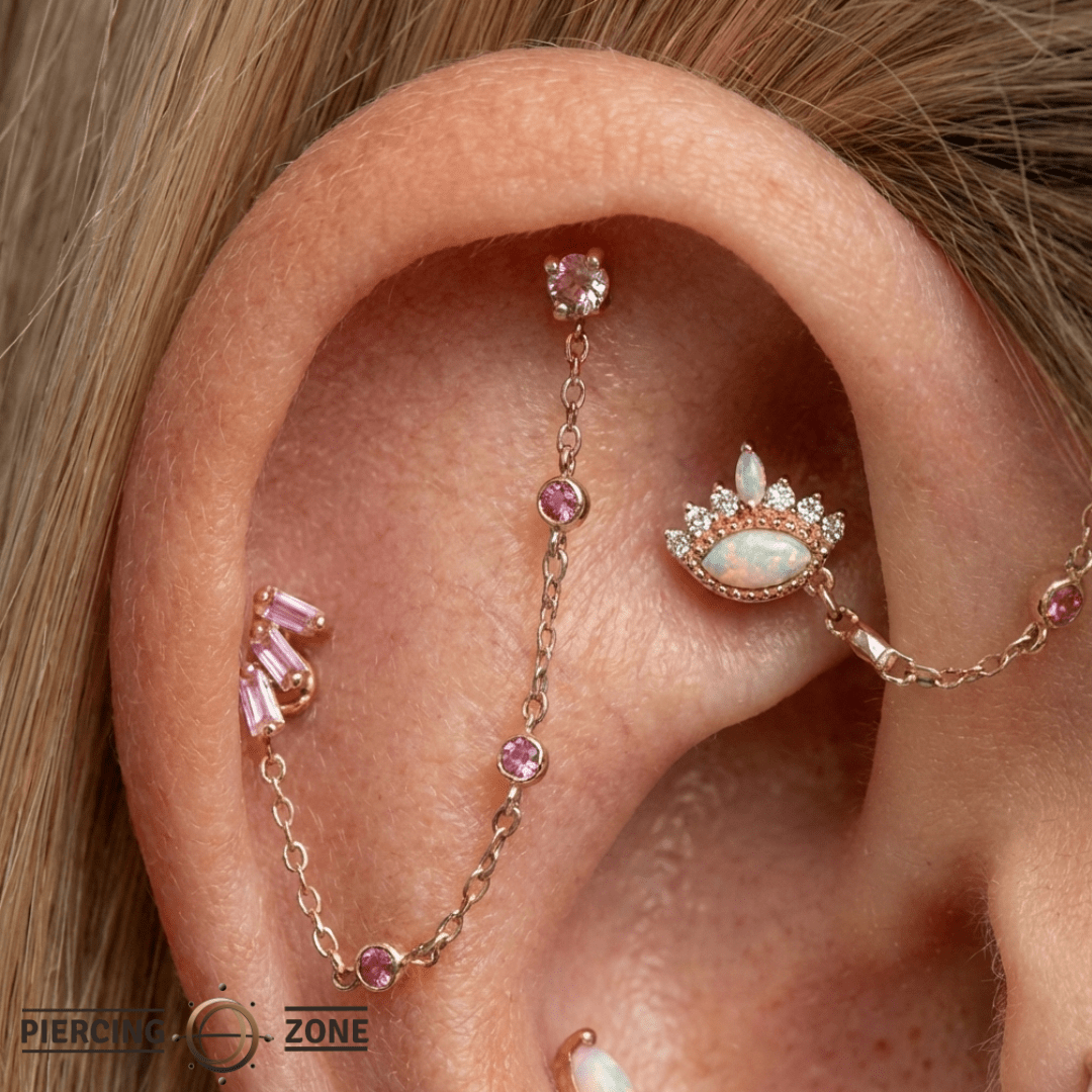Staxx – Pink Sapphire Cascade – 14K Gold Threadless End - piercing - zone.com