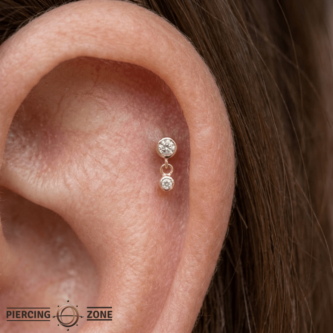 Sutton – Bezel CZ Dangle – 14K Gold Threadless End - piercing - zone.com