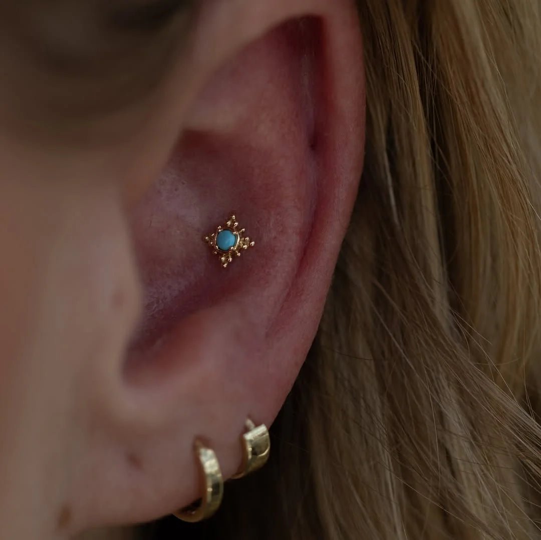 Suz – Turquoise Framed – 14K Gold Threadless End - piercing - zone.com