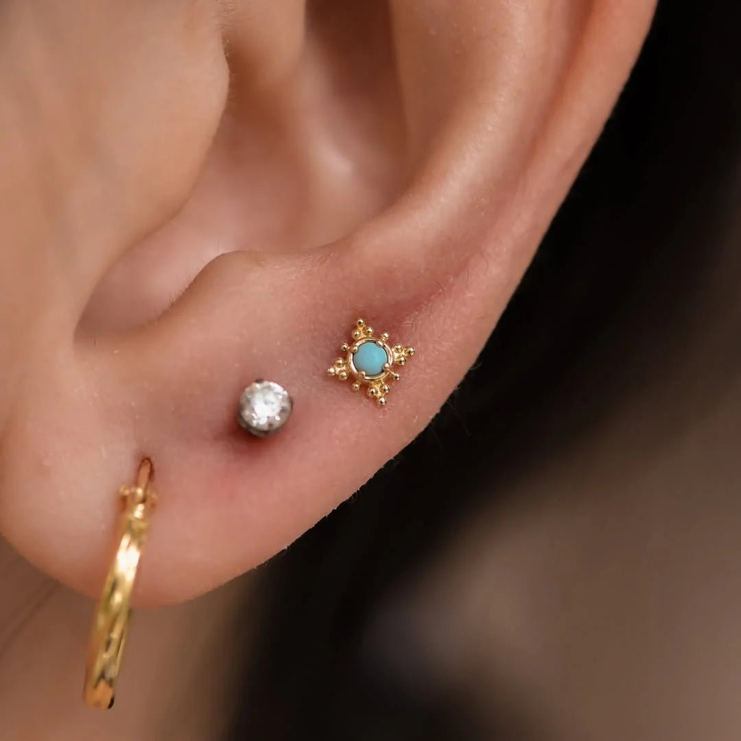 Suz – Turquoise Framed – 14K Gold Threadless End - piercing - zone.com