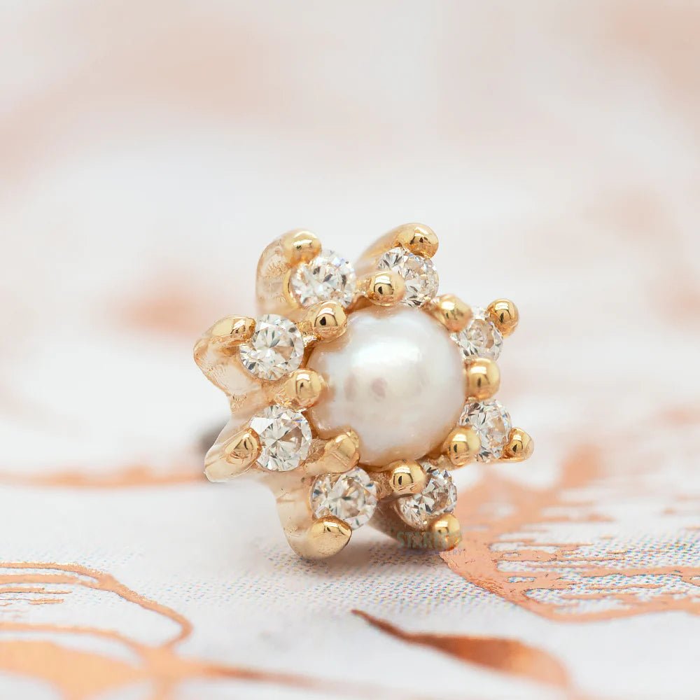 The Obsession – Pearl & CZ 14K Gold Threadless End - piercing - zone.com