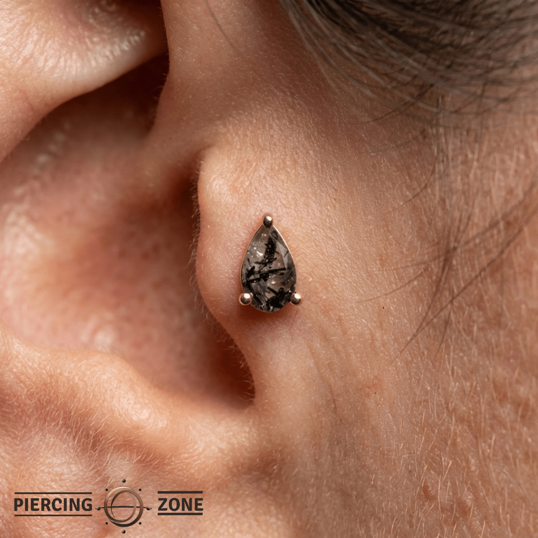 Tourmalated Quartz Pear – Smoky Crystal Cut – 14K Gold Threadless End - piercing - zone.com