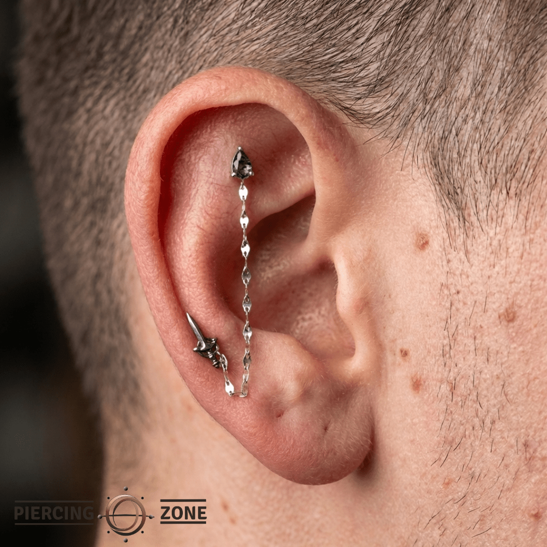 Tourmalated Quartz Pear – Smoky Crystal Cut – 14K Gold Threadless End - piercing - zone.com