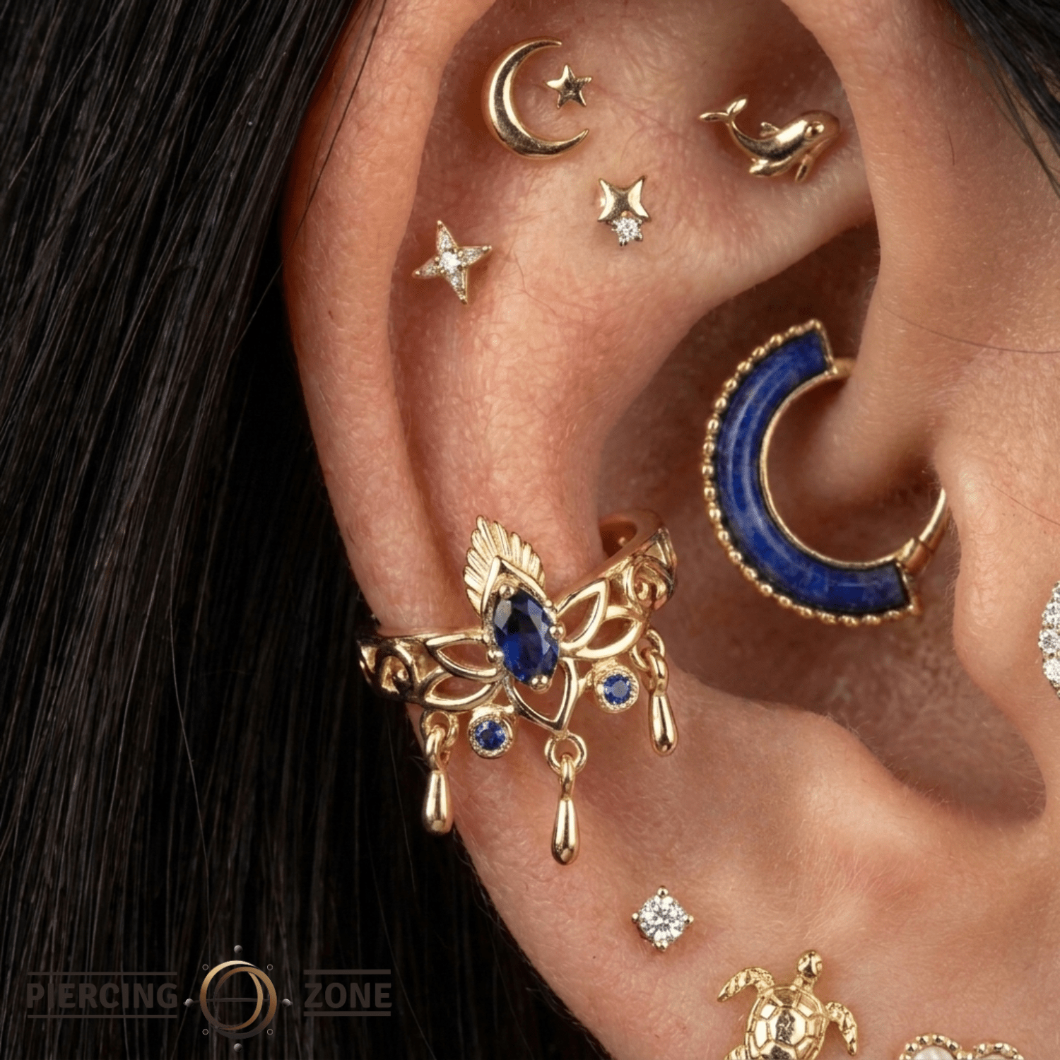 Trésor Cuff - 14K Gold Lab Blue Sapphire Ear Cuff - piercing-zone.com