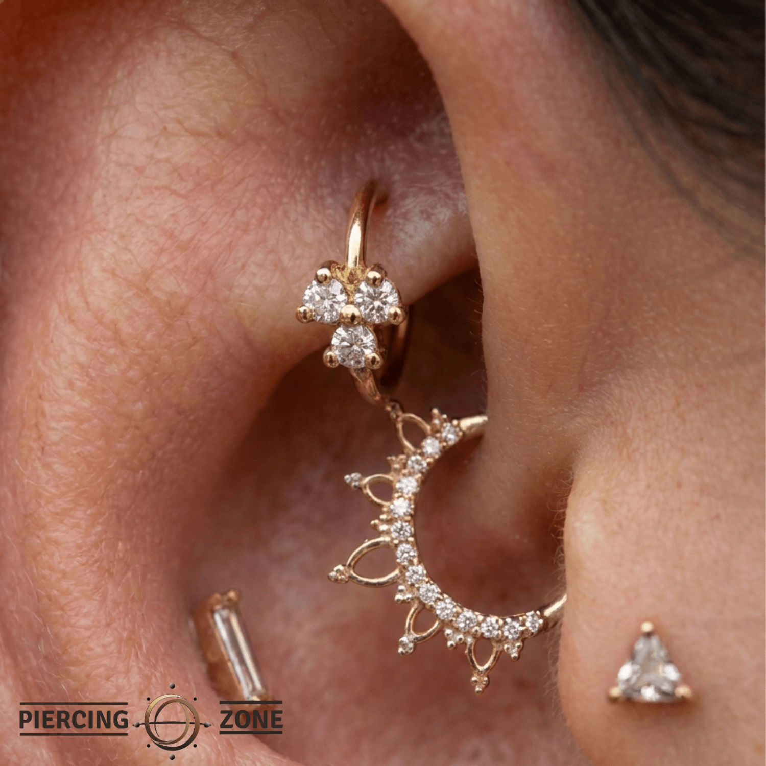 Trinity Cluster - 14K Gold 3 Stone Fixed Bead Ring - piercing - zone.com