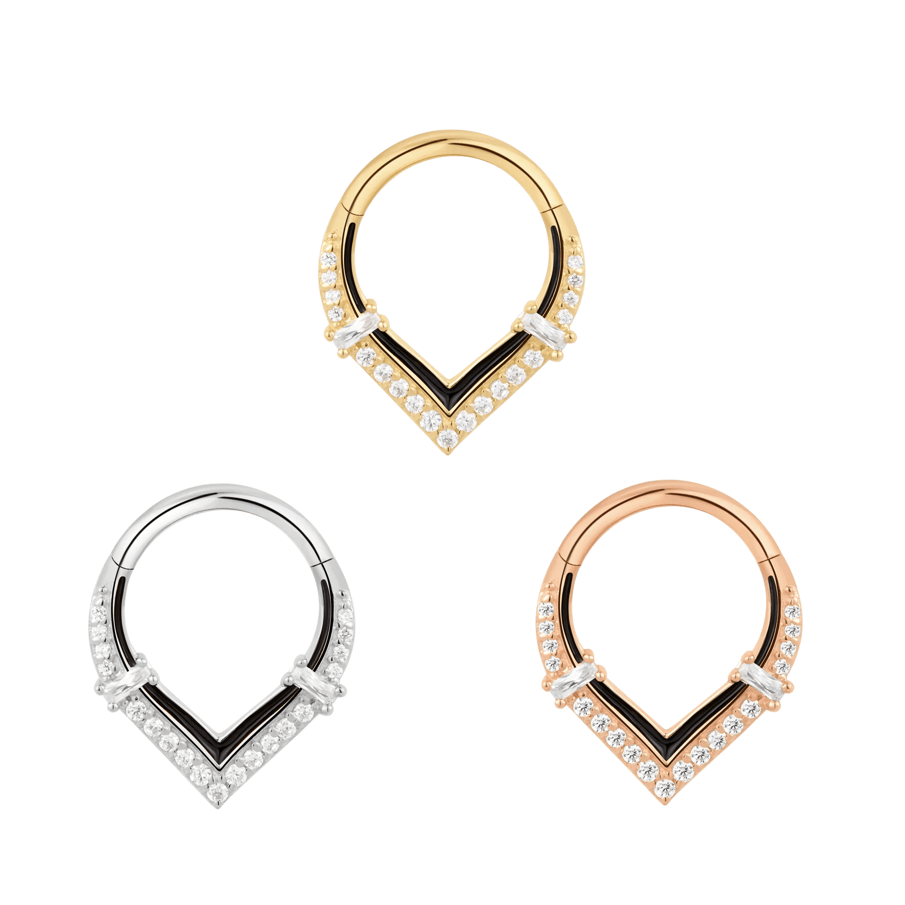 Uprise Enamel & CZ Clicker – 14K Gold V - Shaped Piercing Ring - piercing - zone.com