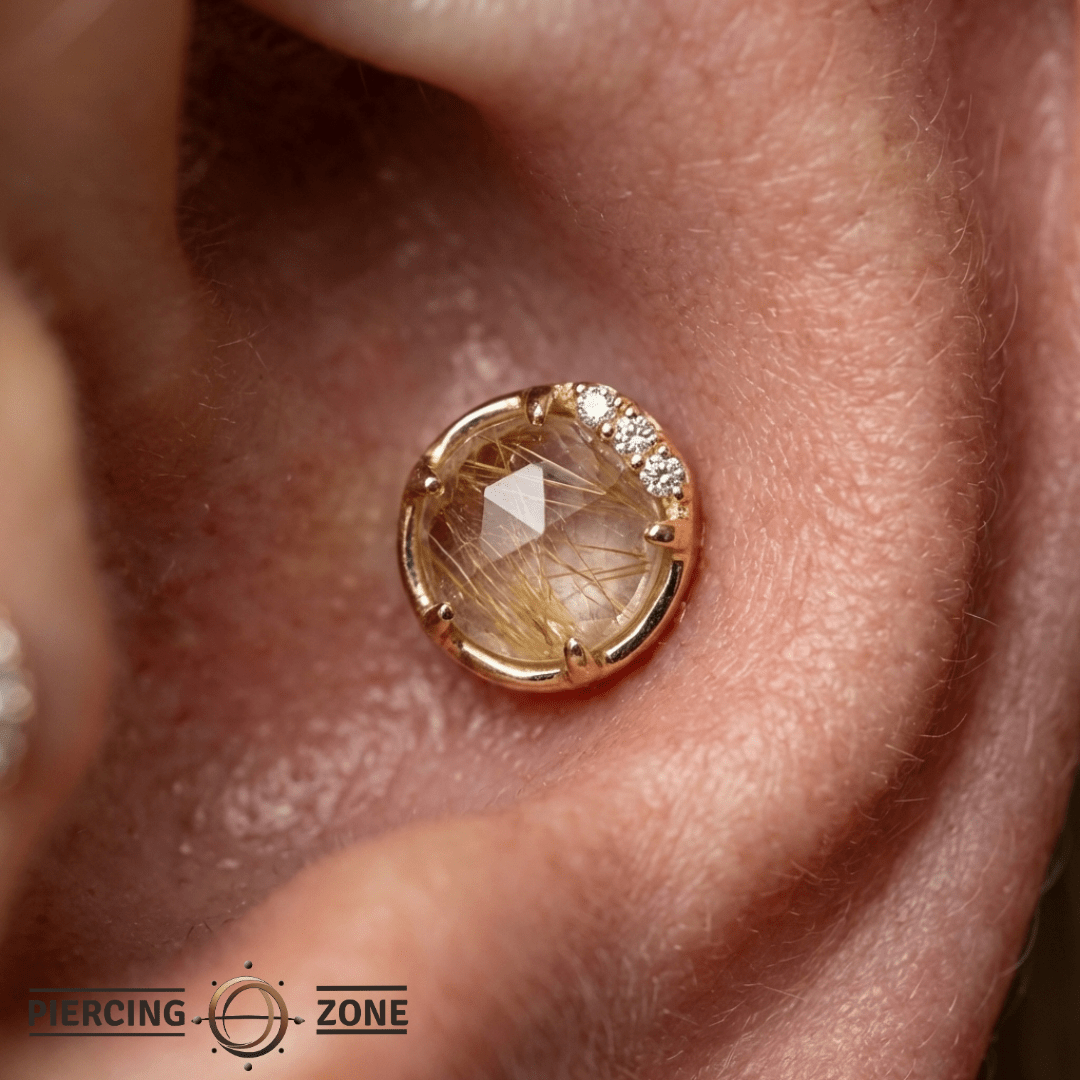 Vision – Rutilated Quartz & White Topaz – 14K Gold Threadless End - piercing - zone.com