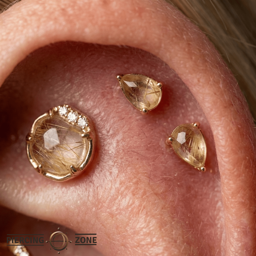 Vision – Rutilated Quartz & White Topaz – 14K Gold Threadless End - piercing - zone.com