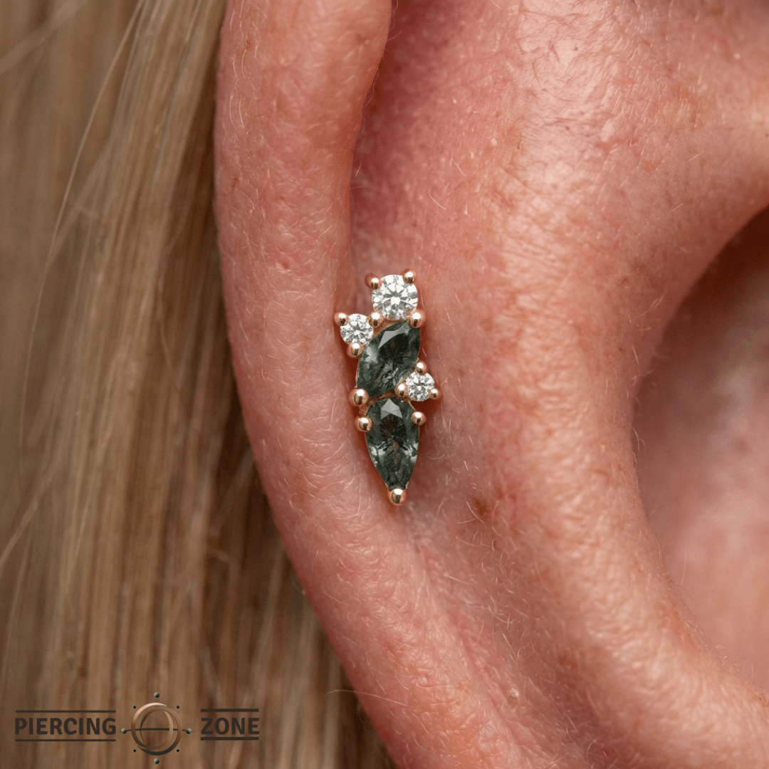 Visionary – Moss Agate & White Topaz – 14K Gold Threadless End - piercing - zone.com