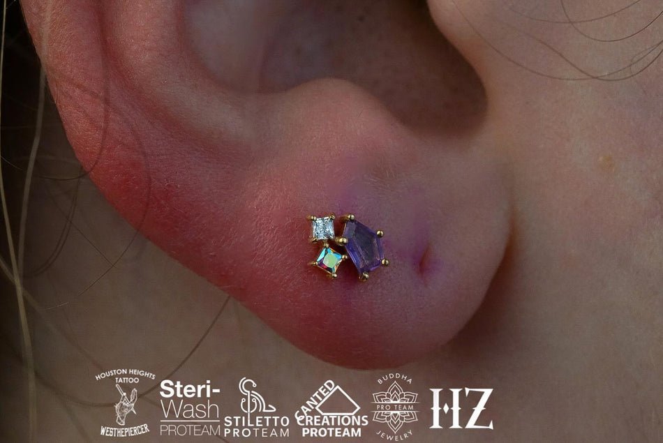 Lyra – Amethyst + Mercury Mist Topaz + CZ – 14K Gold Threadless End