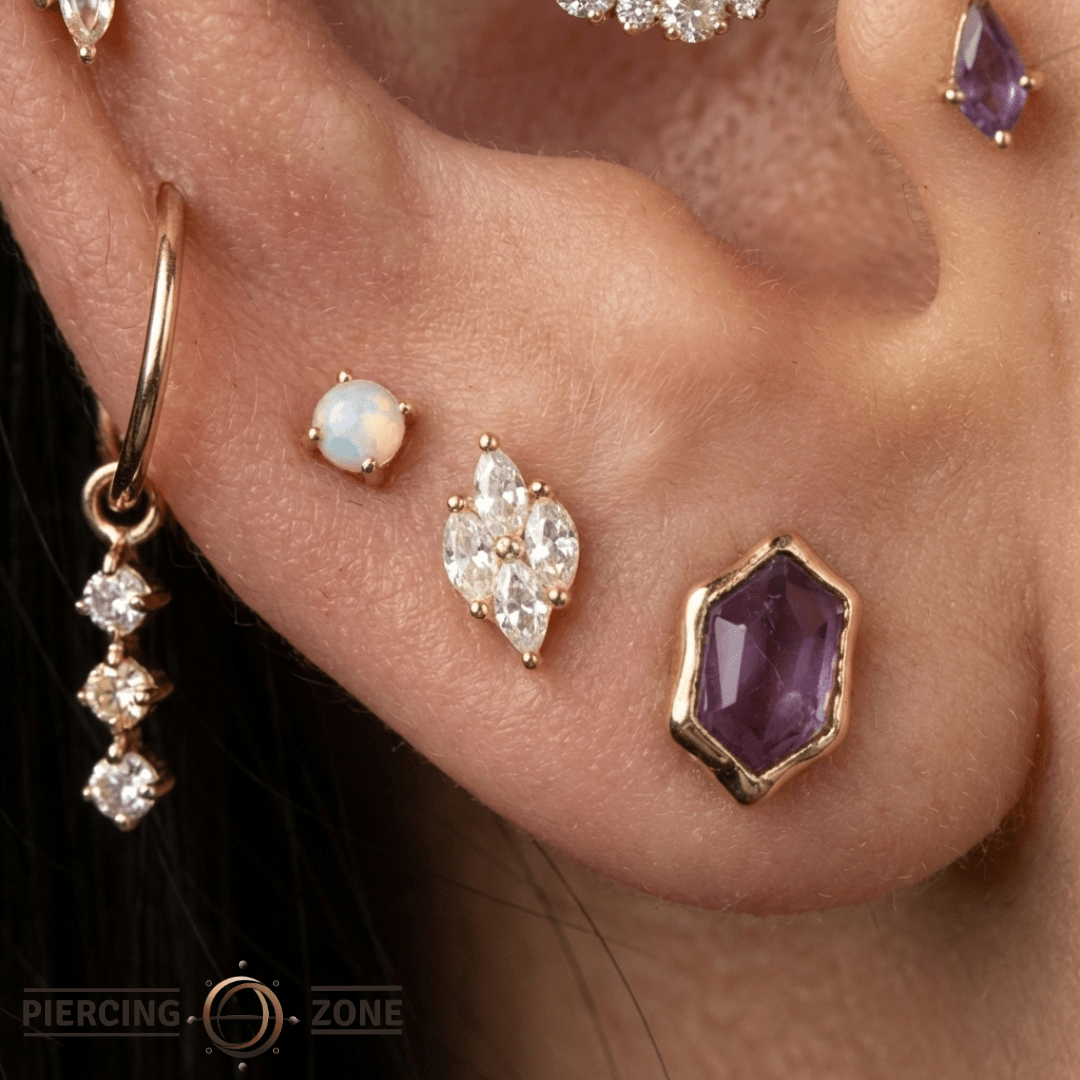 XOXO – Rainbow Moonstone Trio – 14K Gold Charm - piercing - zone.com