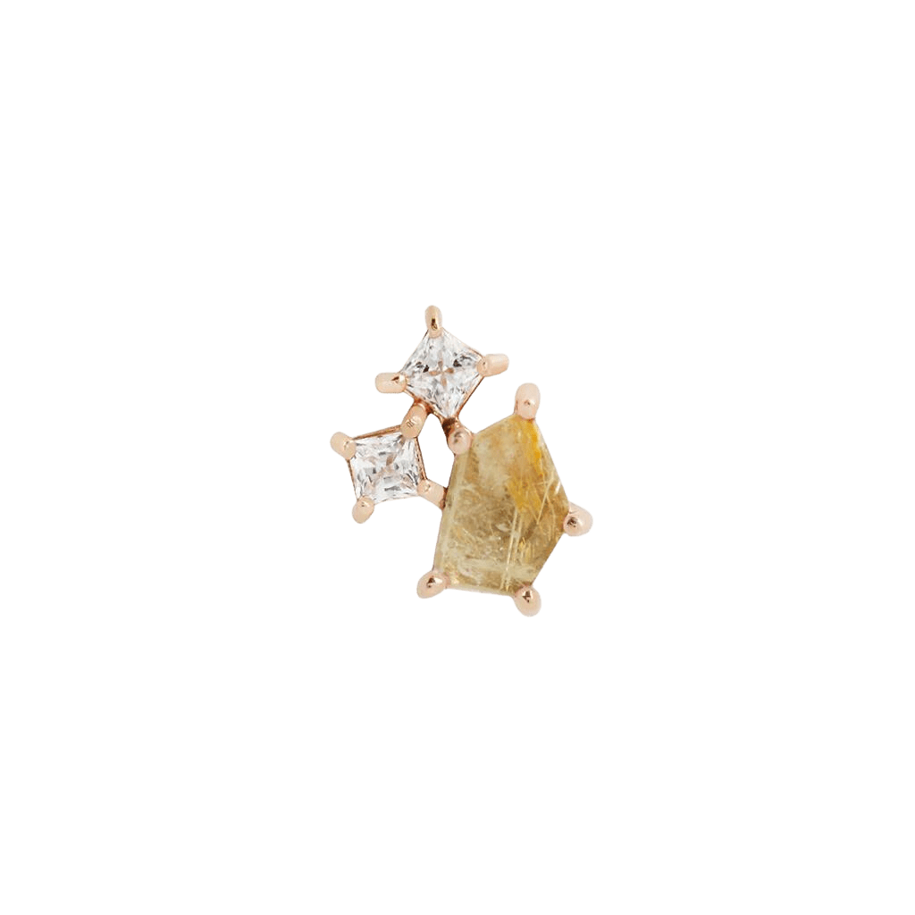 Lyra – Rutilated Quartz + CZ – 14K Gold Threadless End